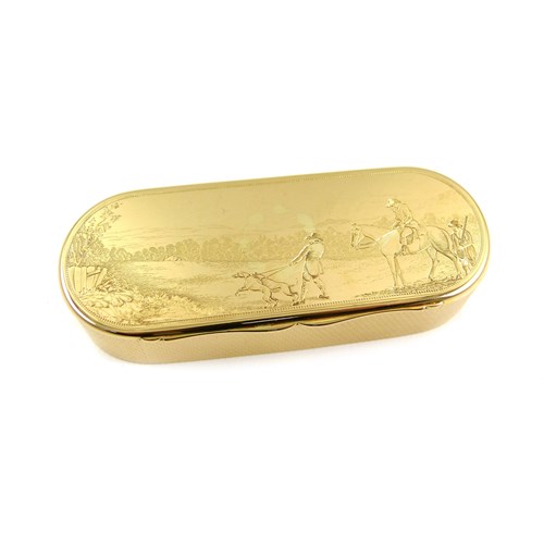 Victorian 18ct gold oblong box with hunting scene by William Summers, London 1865,